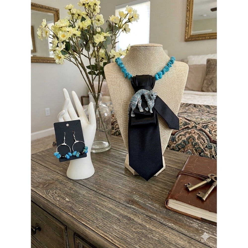 VTG Turquoise Nugget Necklace Black Satin Tie Leopard Brooch & Hoop Earring Set